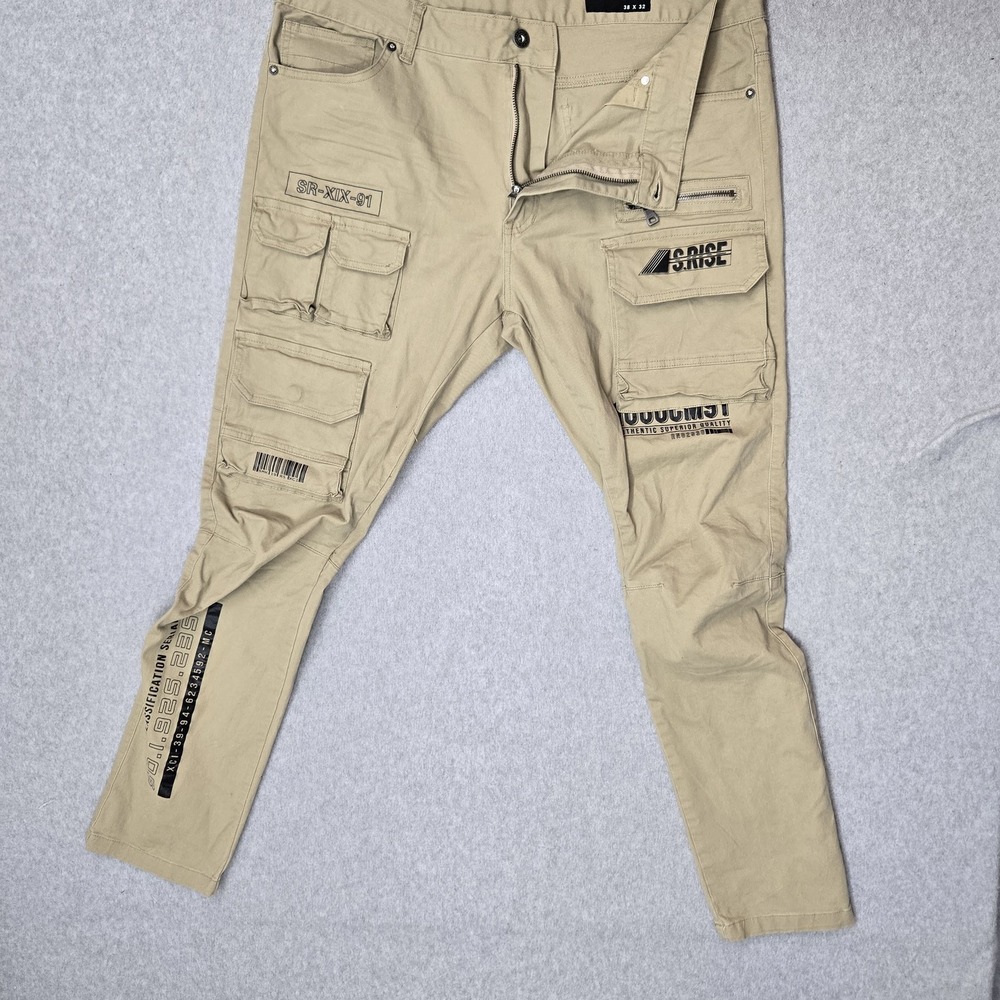 Smoke Rise Men Pants 38X32 Khaki Cargo Twill Spellout Barcode JP23124SKZ Grunge
